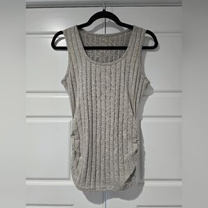 Cozy gray ribbed sweater tank with super flattering side ruching.